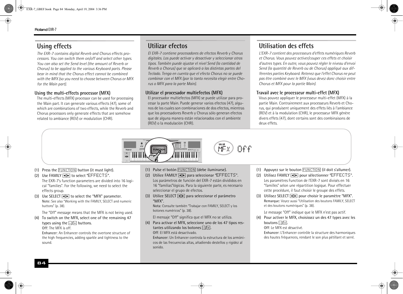 Using effects, Utilizar efectos, Utilisation des effets | Roland EXR-7 User Manual | Page 84 / 152