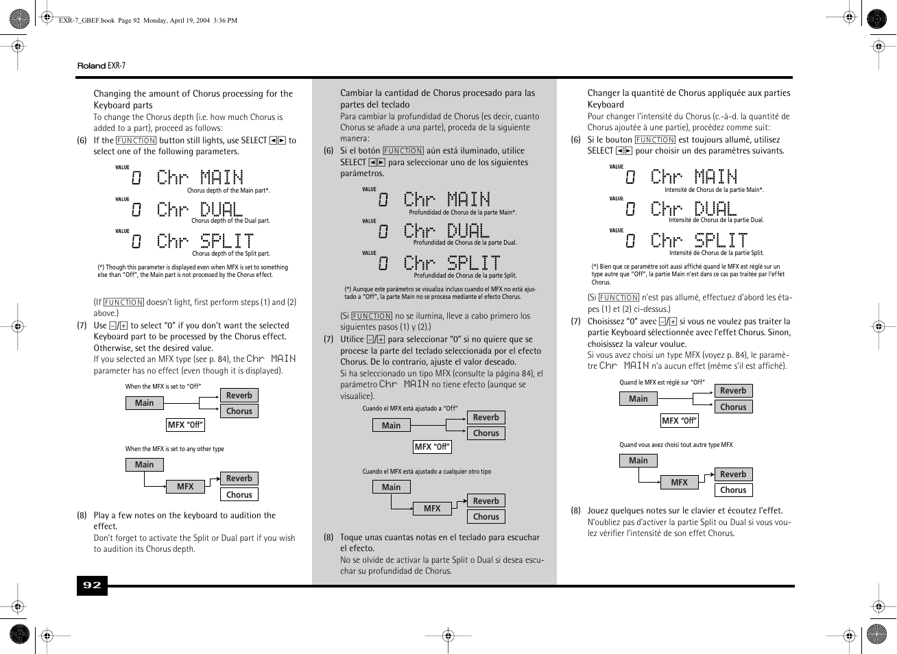 Chr main chr dual chr split | Roland EXR-7 User Manual | Page 92 / 152