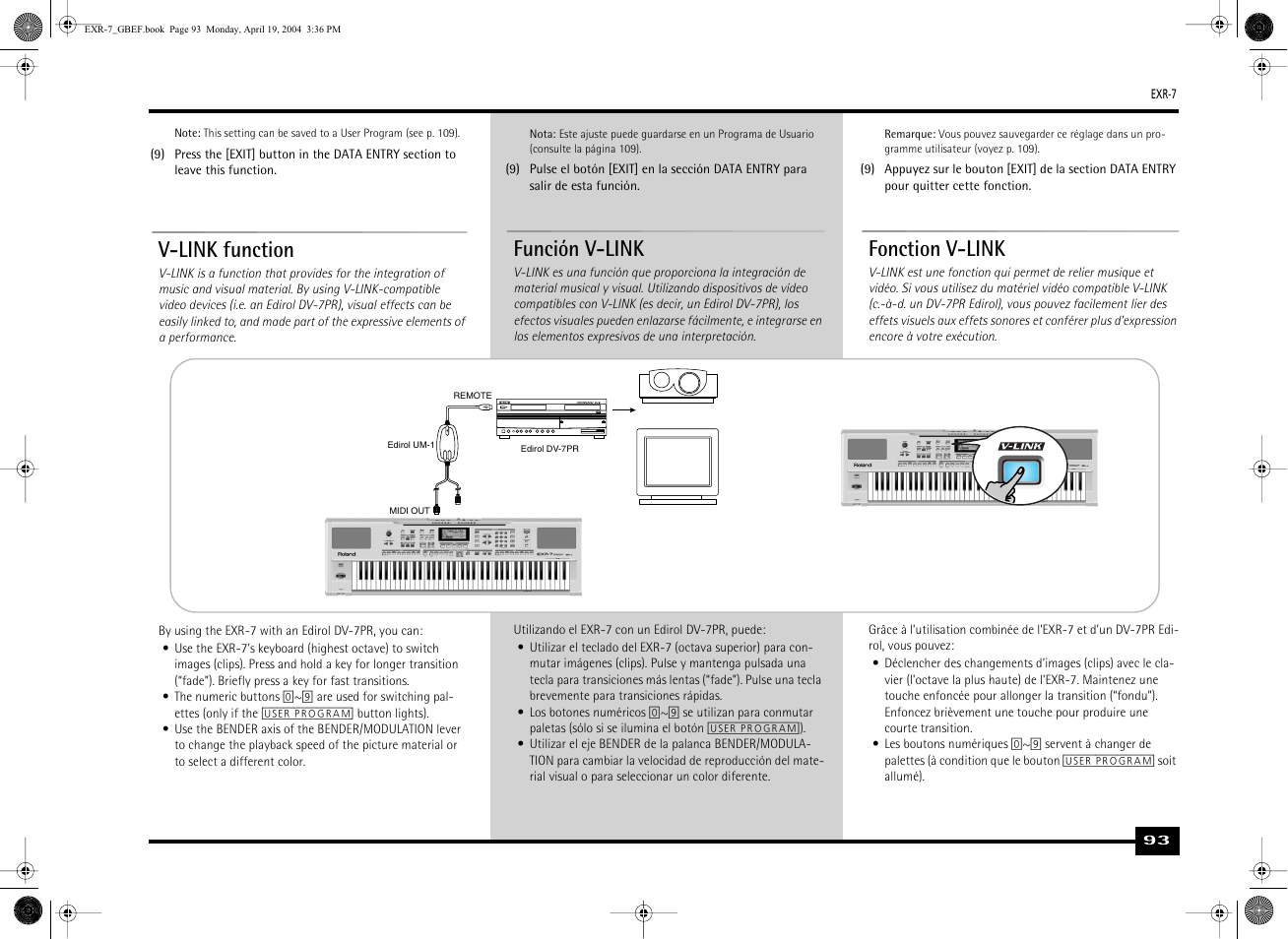 V-link function, Función v-link, Fonction v-link | Roland EXR-7 User Manual | Page 93 / 152