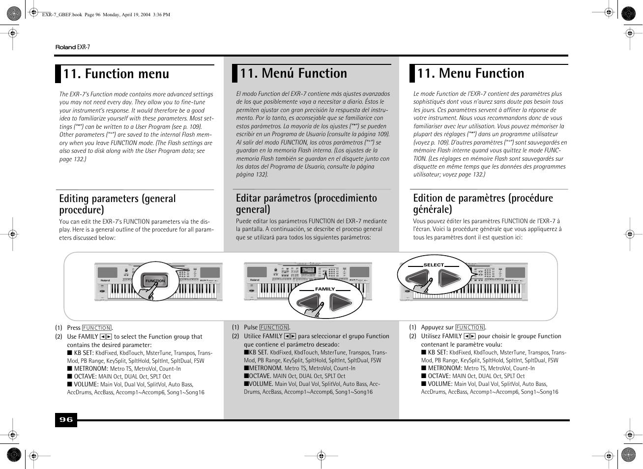 Function menu, Menú function, Menu function | Editing parameters (general procedure), Editar parámetros (procedimiento general), Edition de paramètres (procédure générale) | Roland EXR-7 User Manual | Page 96 / 152