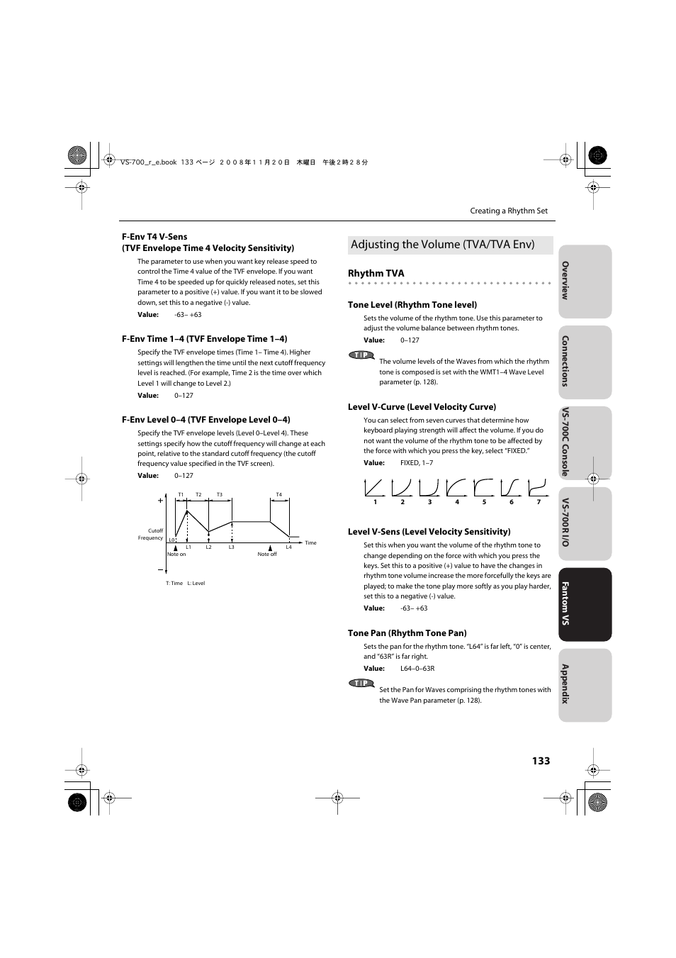 Adjusting the volume (tva/tva env) | Roland Sonar V-Studio VS-700 User Manual | Page 133 / 188