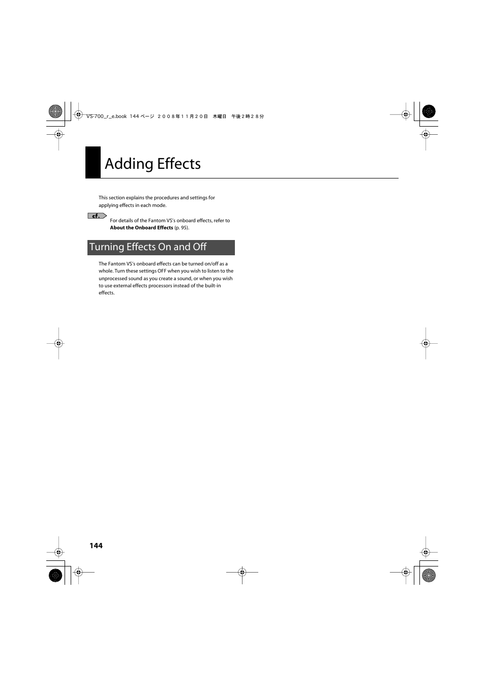 Adding effects, Turning effects on and off | Roland Sonar V-Studio VS-700 User Manual | Page 144 / 188