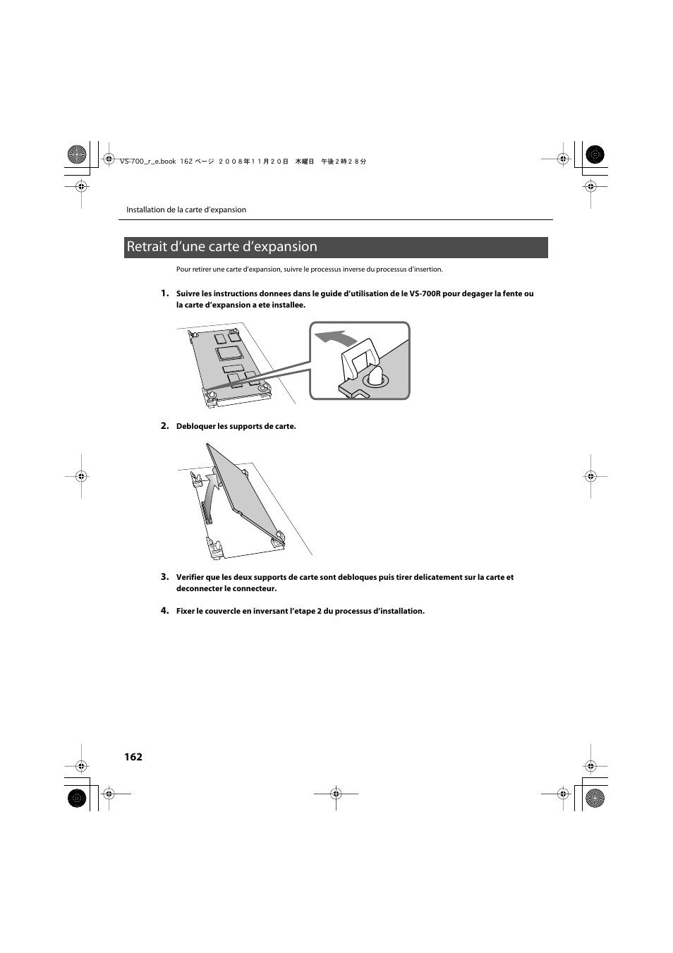 Retrait d’une carte d’expansion | Roland Sonar V-Studio VS-700 User Manual | Page 162 / 188