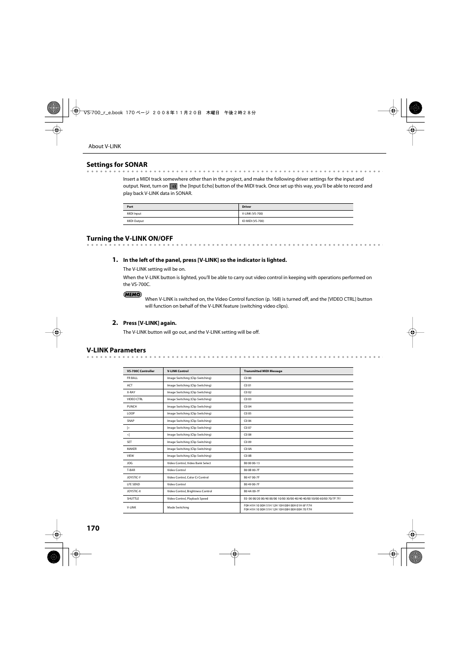 Settings for sonar, Turning the v-link on/off 1, V-link parameters | Roland Sonar V-Studio VS-700 User Manual | Page 170 / 188