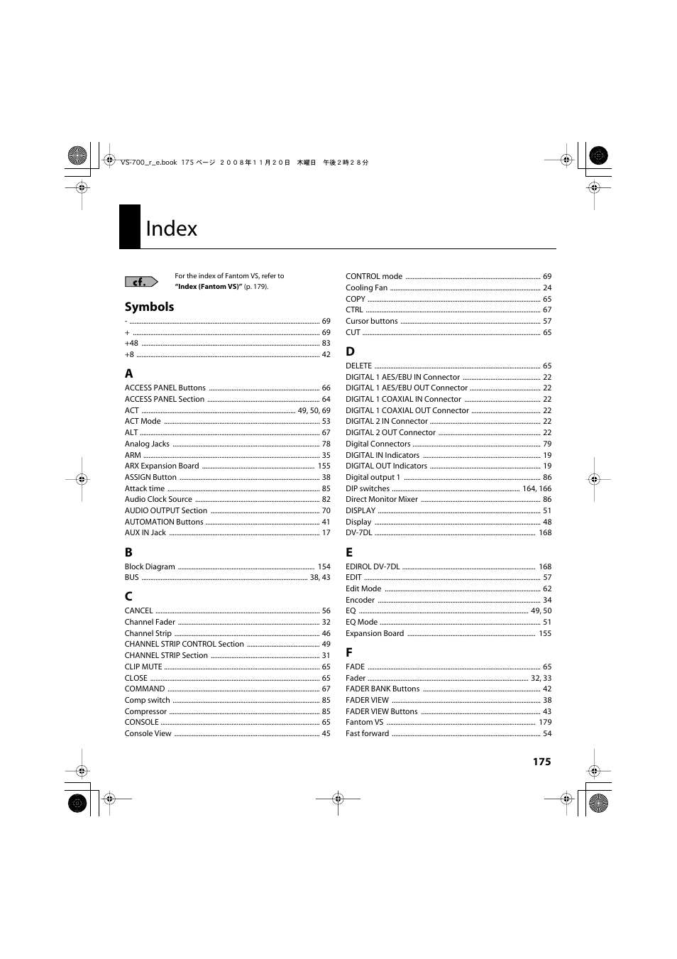 Index, Symbols | Roland Sonar V-Studio VS-700 User Manual | Page 175 / 188