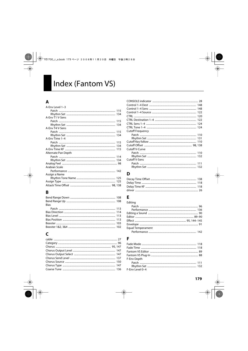 Index (fantom vs), P. 179), Fantom vs | Roland Sonar V-Studio VS-700 User Manual | Page 179 / 188