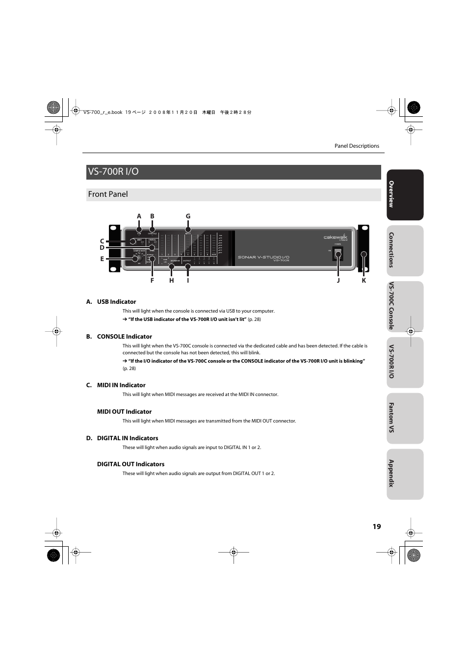 Vs-700r i/o, Front panel | Roland Sonar V-Studio VS-700 User Manual | Page 19 / 188