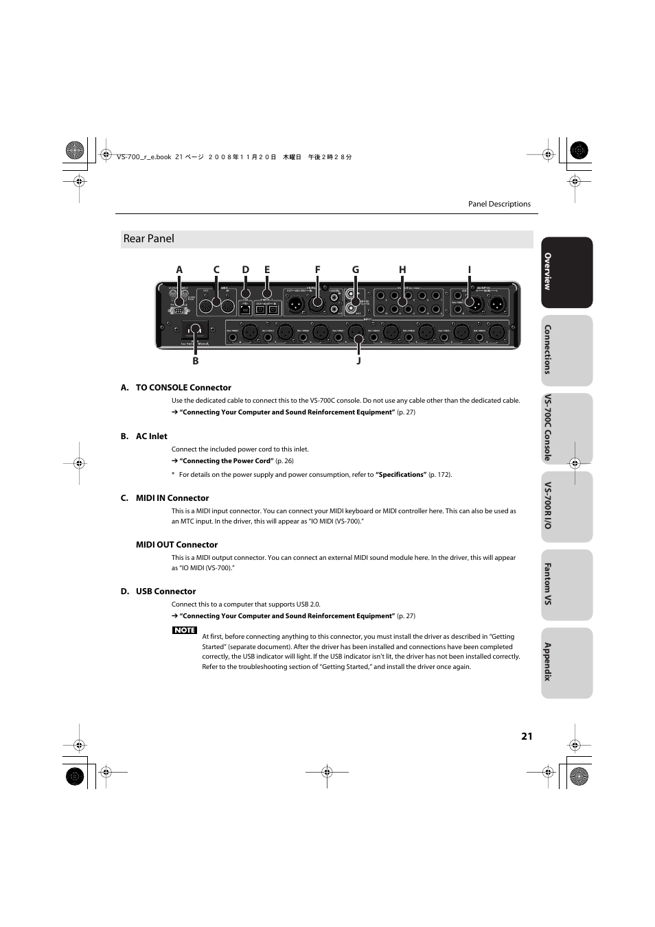 Rear panel | Roland Sonar V-Studio VS-700 User Manual | Page 21 / 188