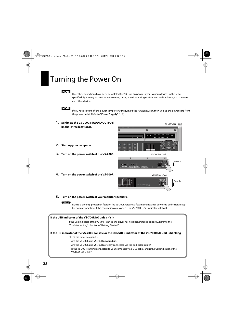 Turning the power on, P. 28) | Roland Sonar V-Studio VS-700 User Manual | Page 28 / 188