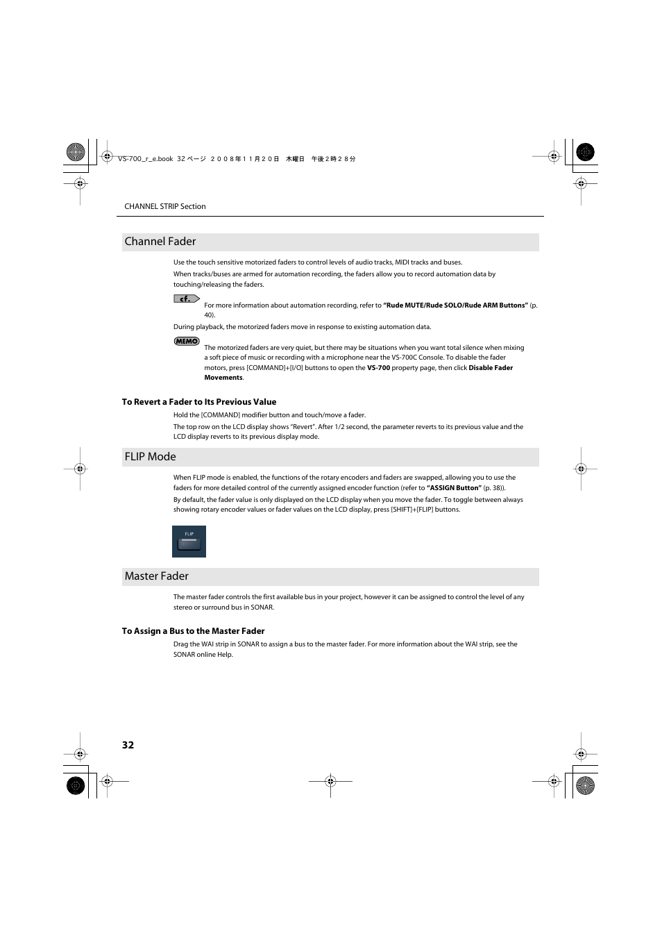 Channel fader, Flip mode, Master fader | Channel fader flip mode master fader, Channel fader (p. 32) | Roland Sonar V-Studio VS-700 User Manual | Page 32 / 188