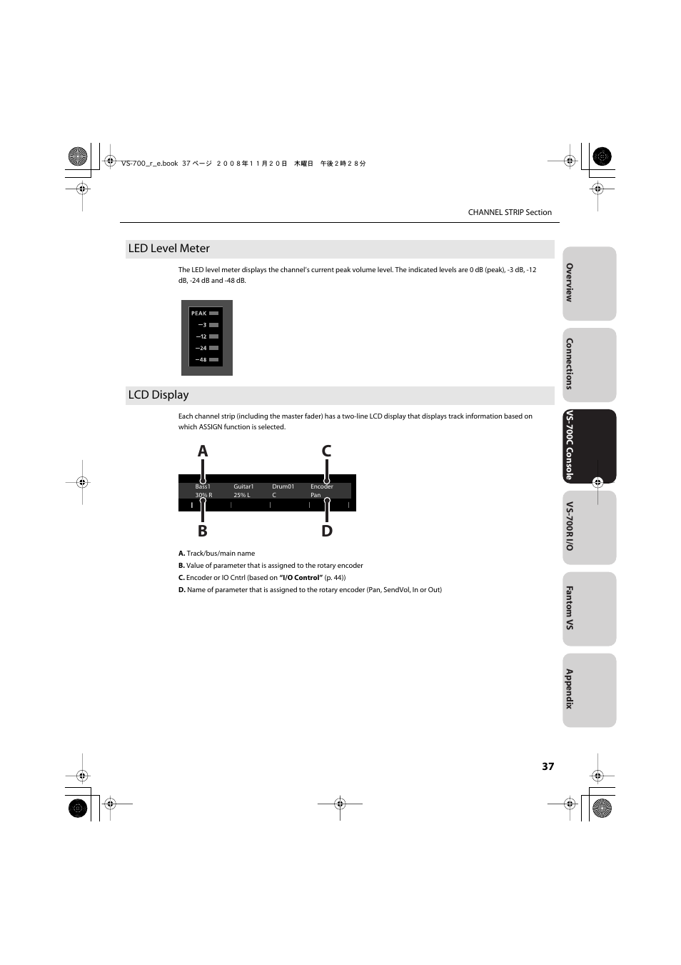 Led level meter, Lcd display, Led level meter lcd display | Lcd display (p. 37, p. 51), Lcd display (p. 37), Led level meter (p. 37), Da c b | Roland Sonar V-Studio VS-700 User Manual | Page 37 / 188