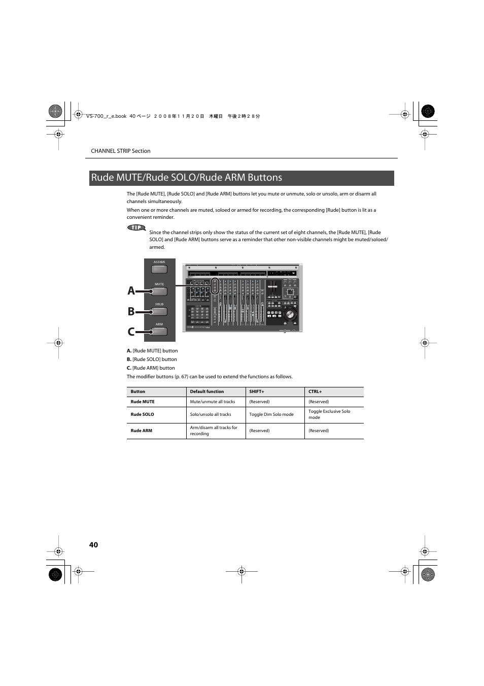 Rude mute/rude solo/rude arm buttons, Rude mute, Rude solo/rude arm buttons | P. 40), Rude, Mute/rude solo/rude arm buttons, Ab c | Roland Sonar V-Studio VS-700 User Manual | Page 40 / 188