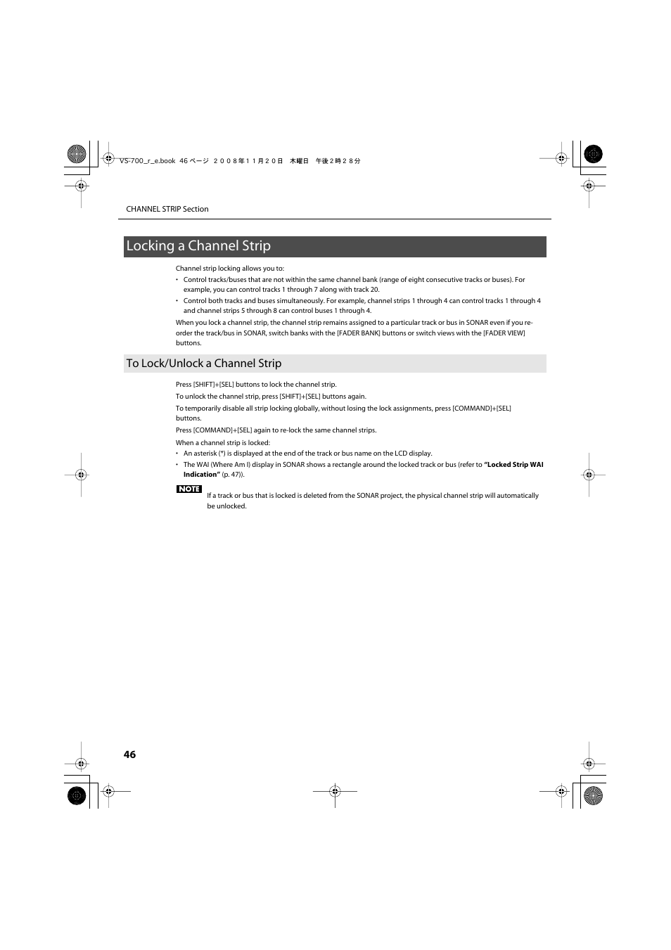 Locking a channel strip, To lock/unlock a channel strip, P. 46) | Roland Sonar V-Studio VS-700 User Manual | Page 46 / 188