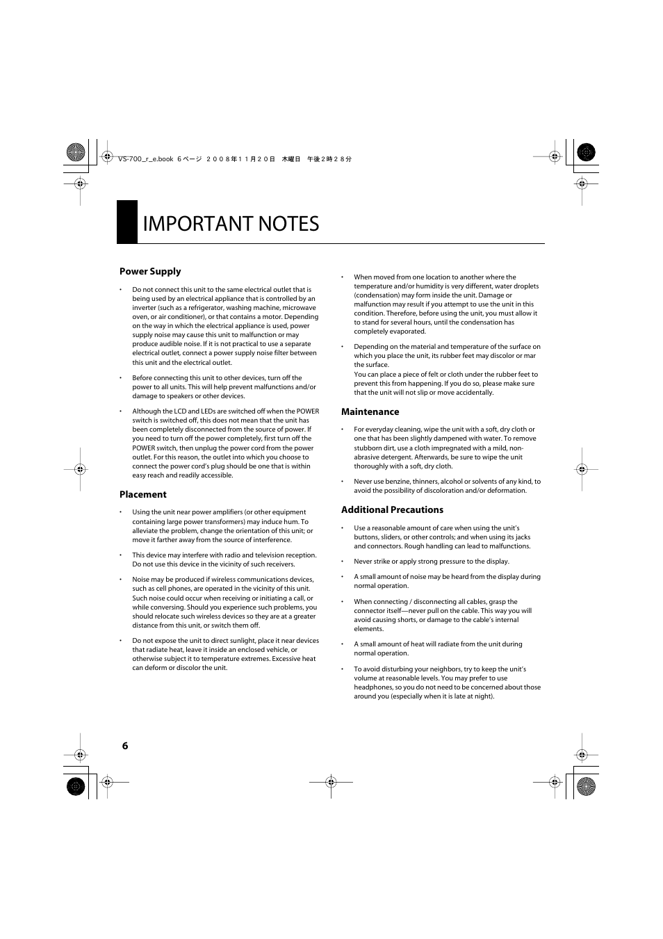 Important notes, Power supply, Placement | Maintenance, Additional precautions | Roland Sonar V-Studio VS-700 User Manual | Page 6 / 188