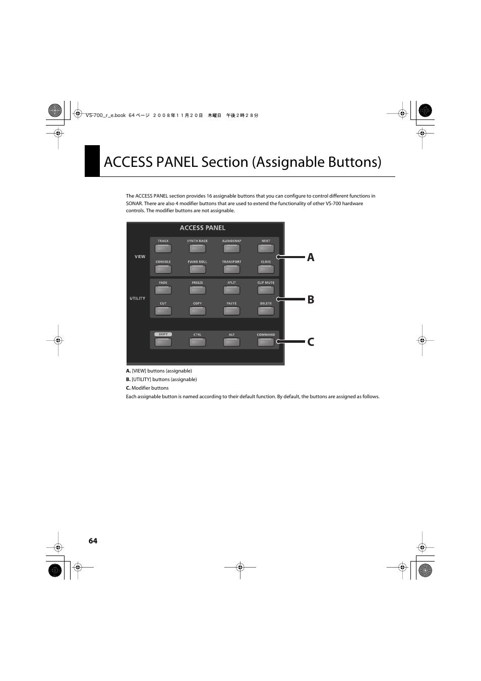 Access panel section (assignable buttons), P. 64), Access panel section (p. 64) | Ab c | Roland Sonar V-Studio VS-700 User Manual | Page 64 / 188