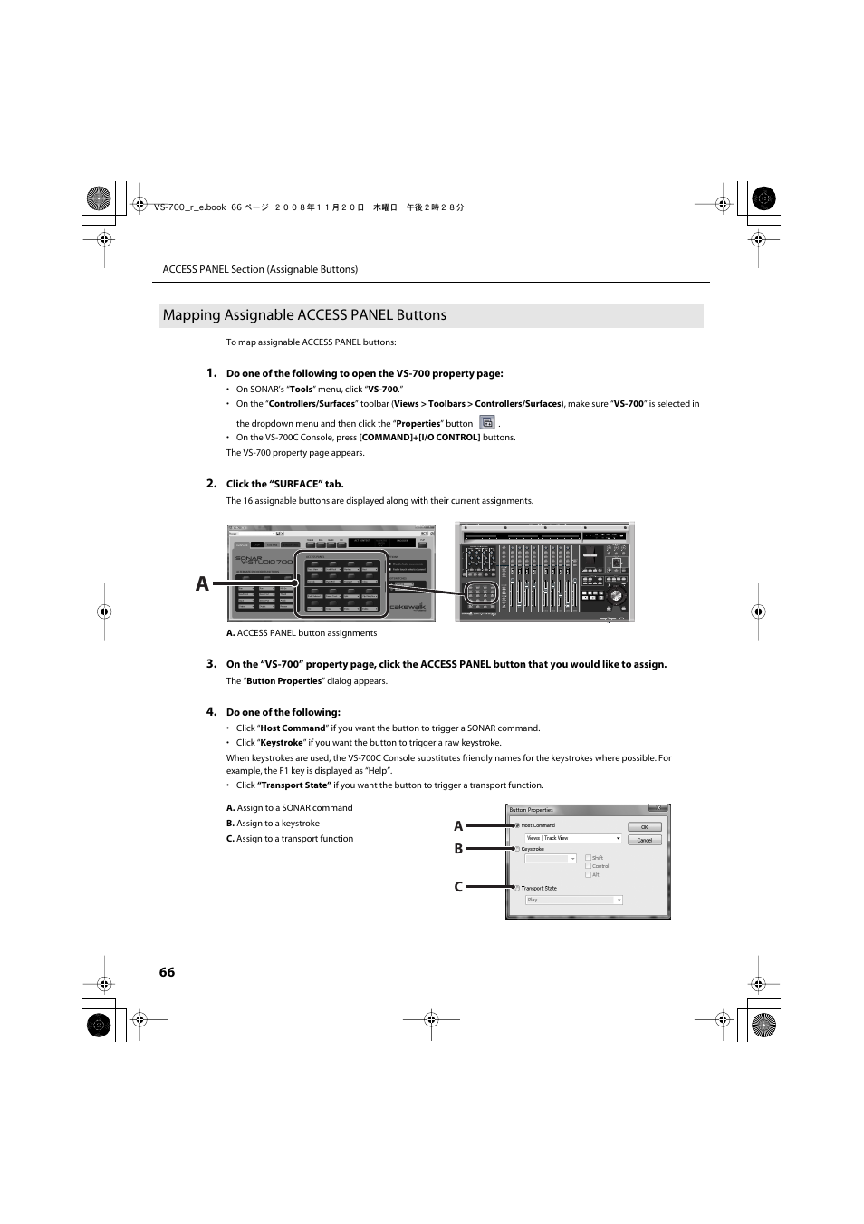 Mapping assignable access panel buttons, Ab c | Roland Sonar V-Studio VS-700 User Manual | Page 66 / 188