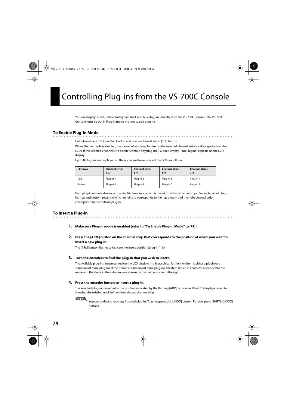 Controlling plug-ins from the vs700c console, Controlling plug-ins from the vs-700c console, Controlling plug-ins | From the vs-700c console, P. 74) | Roland Sonar V-Studio VS-700 User Manual | Page 74 / 188