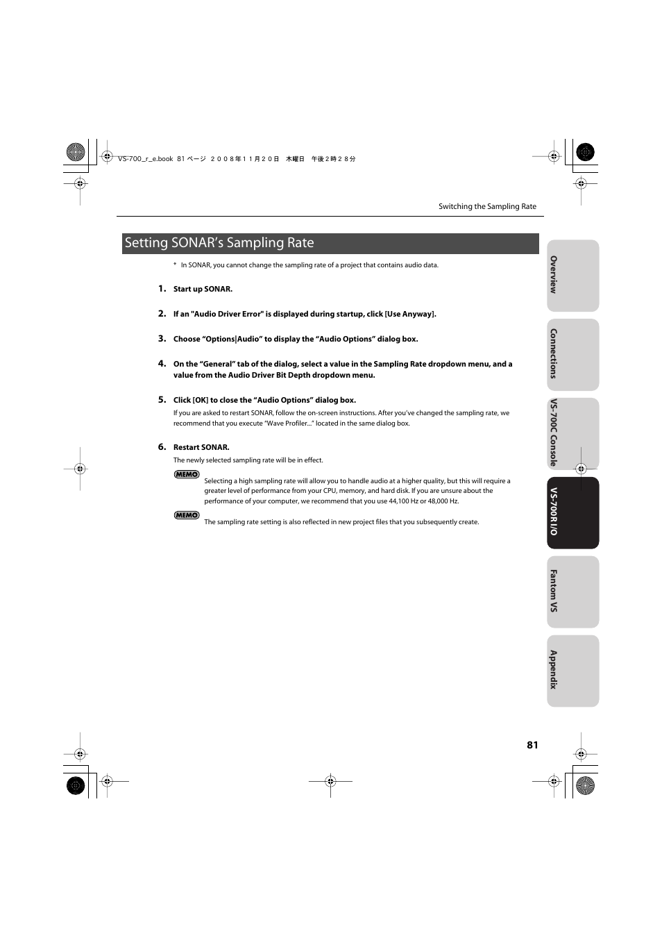 Setting sonar’s sampling rate | Roland Sonar V-Studio VS-700 User Manual | Page 81 / 188