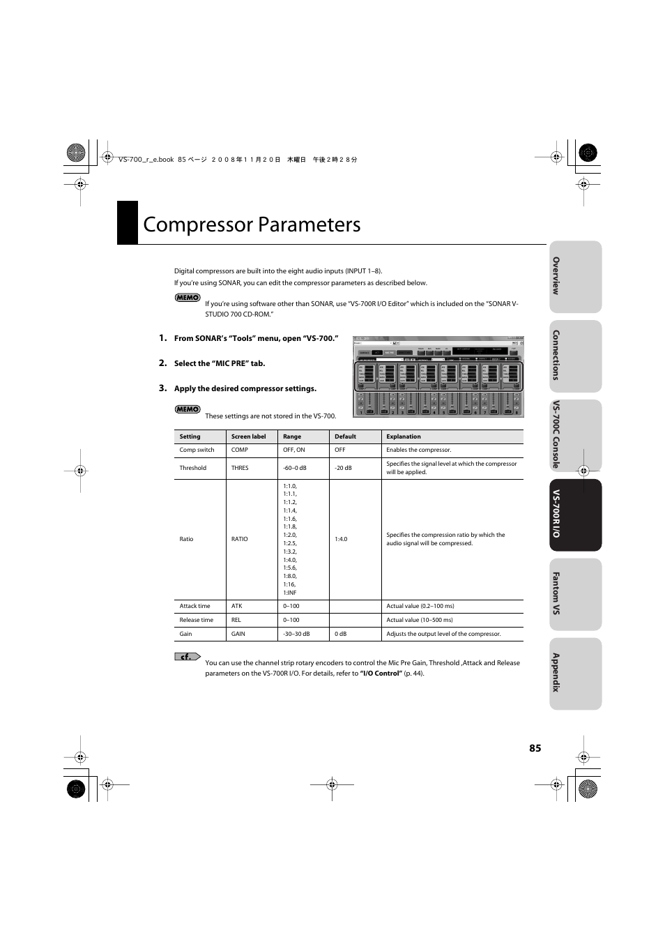 Compressor parameters, P. 85), Attack (p. 85) | Release (p. 85), Threshold (p. 85) | Roland Sonar V-Studio VS-700 User Manual | Page 85 / 188