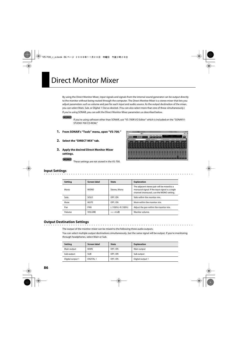 Direct monitor mixer | Roland Sonar V-Studio VS-700 User Manual | Page 86 / 188