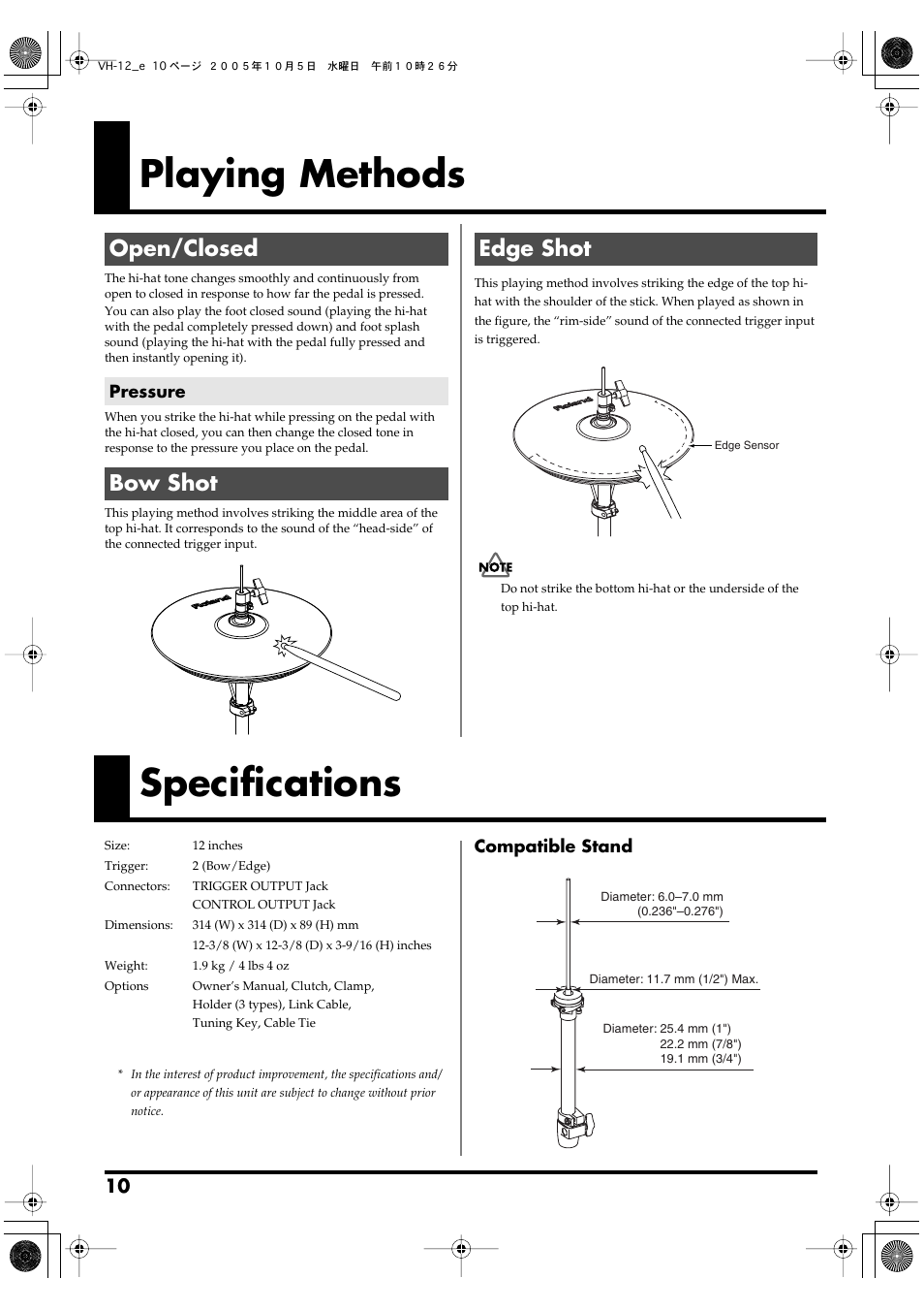 Playing methods, Open/closed, Pressure | Bow shot, Edge shot, Specifications, Bow shot edge shot | Roland VH-12 User Manual | Page 10 / 12