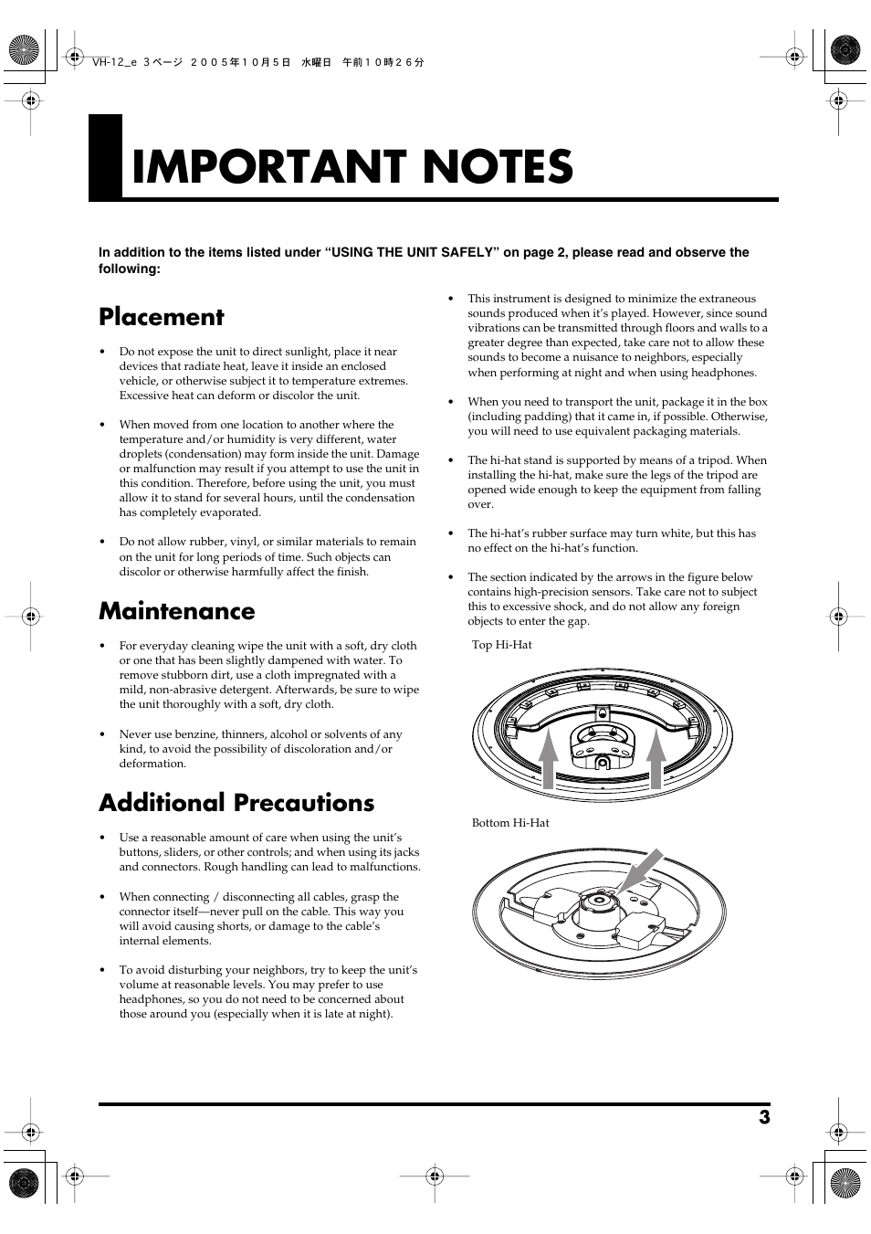 Important notes, Placement, Maintenance | Additional precautions | Roland VH-12 User Manual | Page 3 / 12