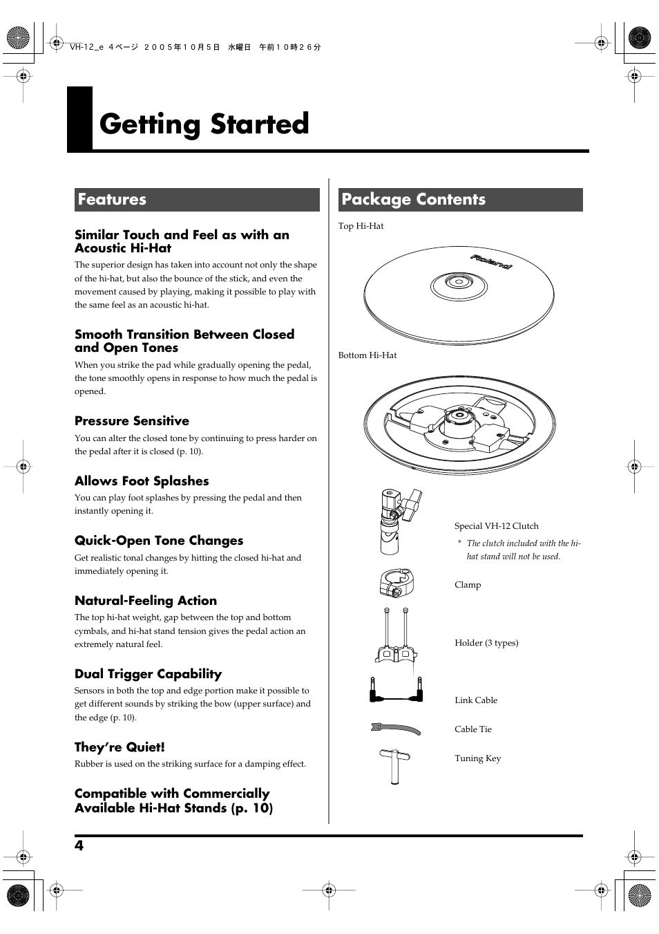 Getting started, Features, Package contents | Features package contents | Roland VH-12 User Manual | Page 4 / 12