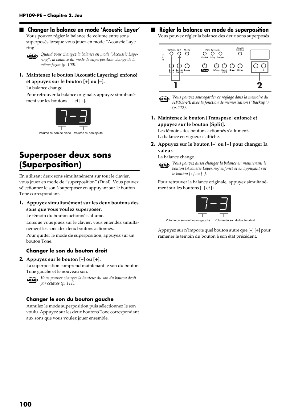 Superposer deux sons (superposition), 100 ■ changer la balance en mode ‘acoustic layer, Régler la balance en mode de superposition | Roland HP109-PE User Manual | Page 102 / 250