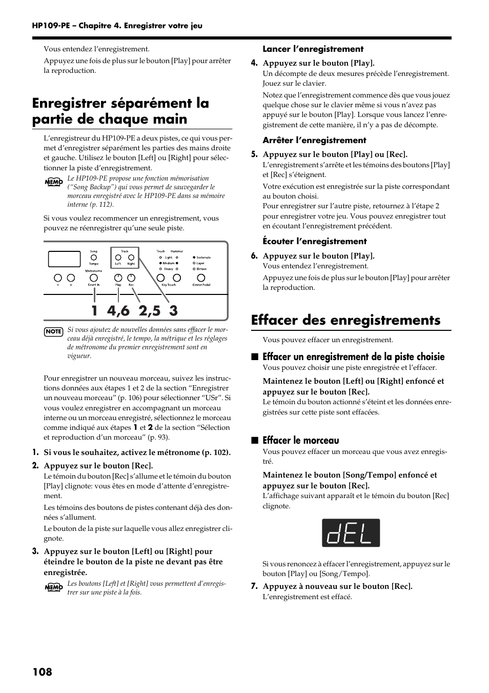 Enregistrer séparément la partie de chaque main, Effacer des enregistrements | Roland HP109-PE User Manual | Page 110 / 250