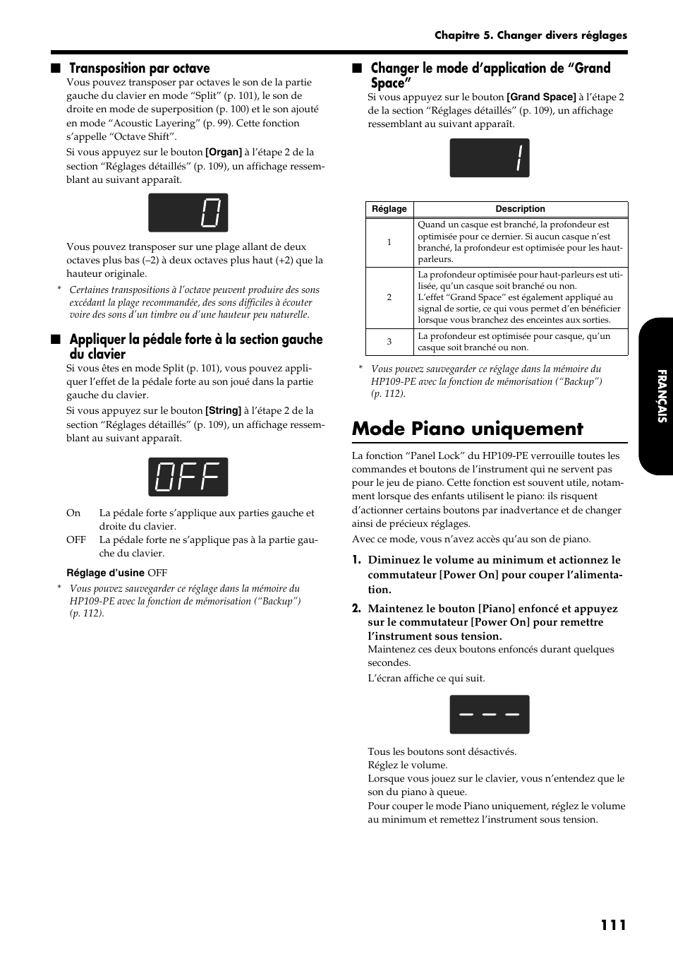 Mode piano uniquement, Transposition par octave, Changer le mode d’application de “grand space | Roland HP109-PE User Manual | Page 113 / 250