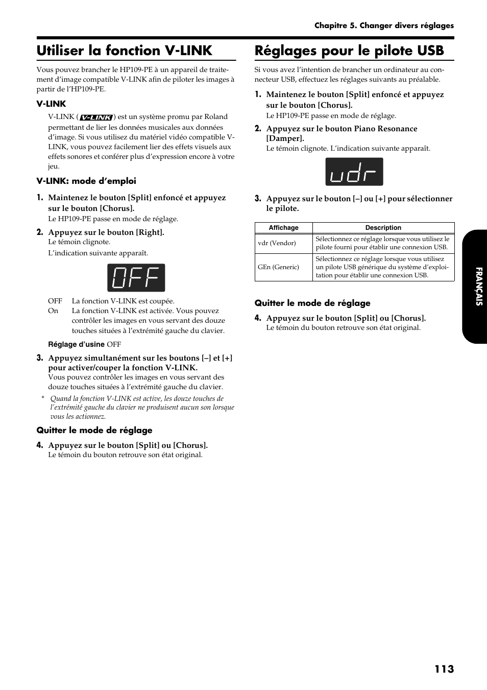 Utiliser la fonction v-link, Réglages pour le pilote usb | Roland HP109-PE User Manual | Page 115 / 250