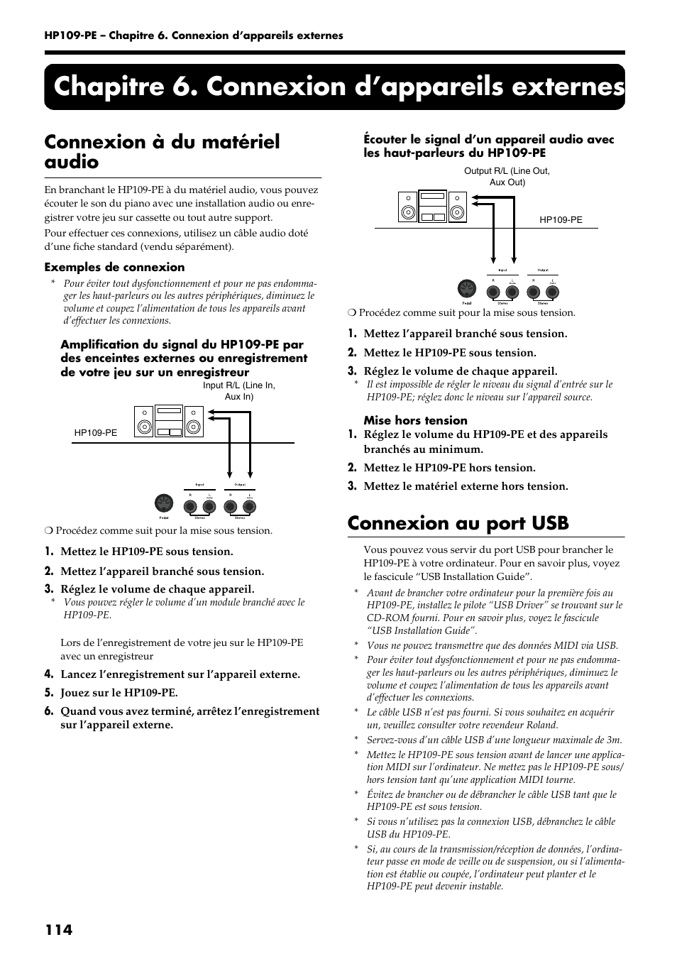 Chapitre 6. connexion d’appareils externes, Connexion à du matériel audio, Connexion au port usb | Roland HP109-PE User Manual | Page 116 / 250