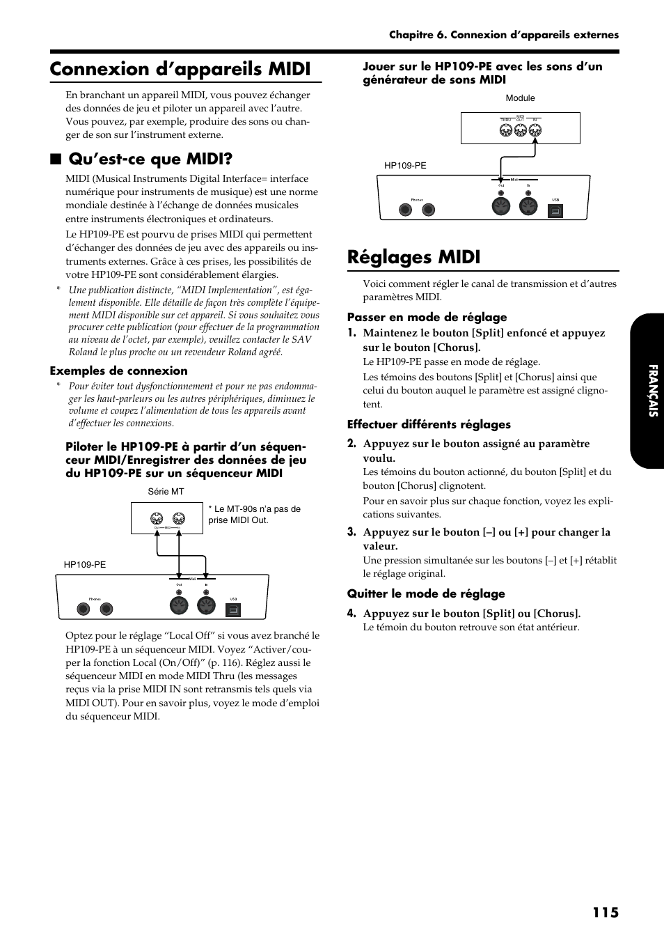 Connexion d’appareils midi, Réglages midi, Qu’est-ce que midi | Roland HP109-PE User Manual | Page 117 / 250