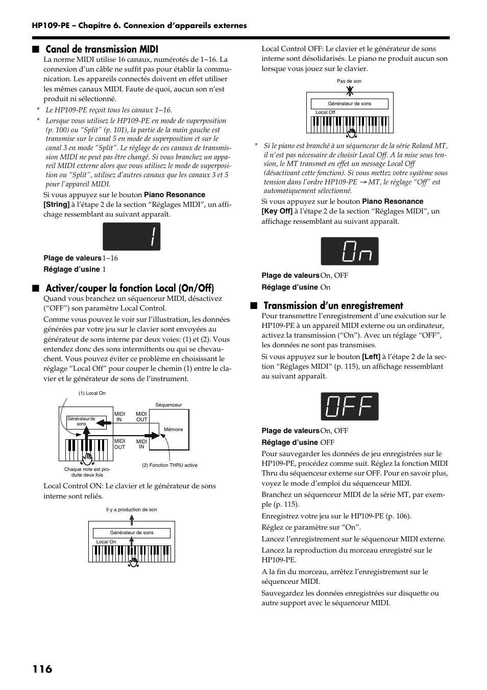 116 ■ canal de transmission midi, Activer/couper la fonction local (on/off), Transmission d’un enregistrement | Roland HP109-PE User Manual | Page 118 / 250
