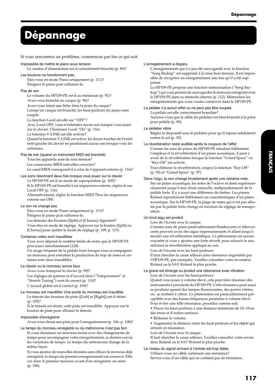 Dépannage | Roland HP109-PE User Manual | Page 119 / 250