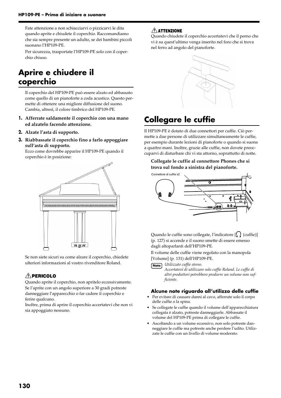 Aprire e chiudere il coperchio, Collegare le cuffie | Roland HP109-PE User Manual | Page 132 / 250