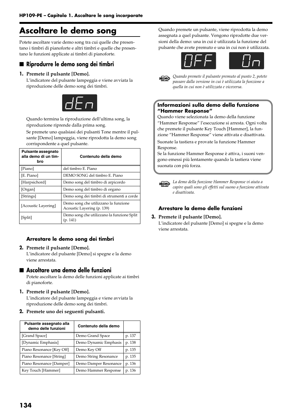 Ascoltare le demo song, Riprodurre le demo song dei timbri, Ascoltare una demo delle funzioni | Roland HP109-PE User Manual | Page 136 / 250