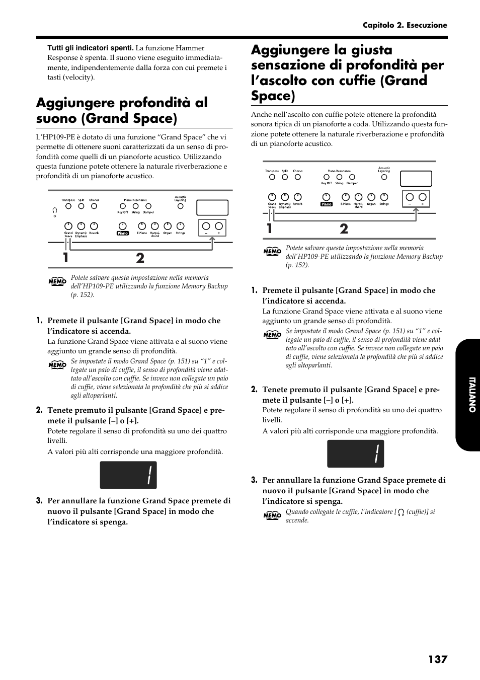 Aggiungere profondità al suono (grand space) | Roland HP109-PE User Manual | Page 139 / 250