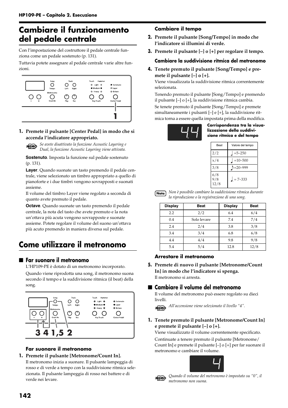 Cambiare il funzionamento del pedale centrale, Come utilizzare il metronomo, Far suonare il metronomo | Cambiare il volume del metronomo | Roland HP109-PE User Manual | Page 144 / 250