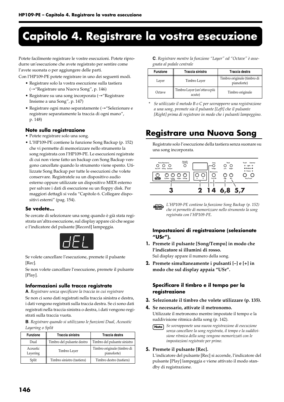 Capitolo 4. registrare la vostra esecuzione, Registrare una nuova song | Roland HP109-PE User Manual | Page 148 / 250