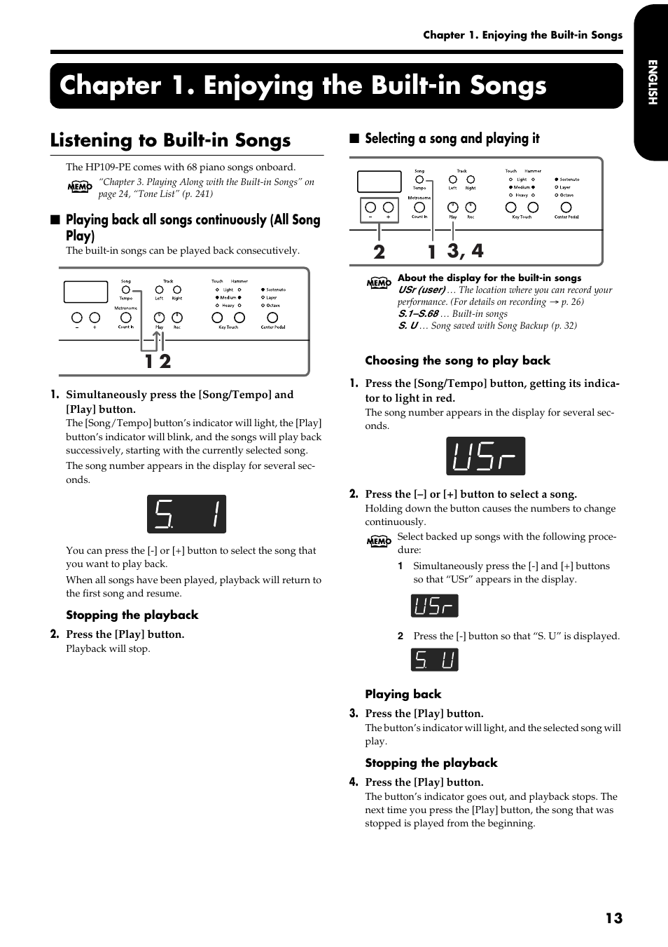 Chapter 1. enjoying the built-in songs, Listening to built-in songs | Roland HP109-PE User Manual | Page 15 / 250