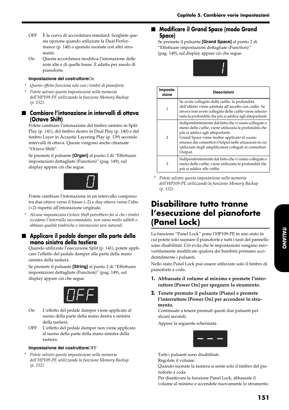 Modificare il grand space (modo grand space) | Roland HP109-PE User Manual | Page 153 / 250