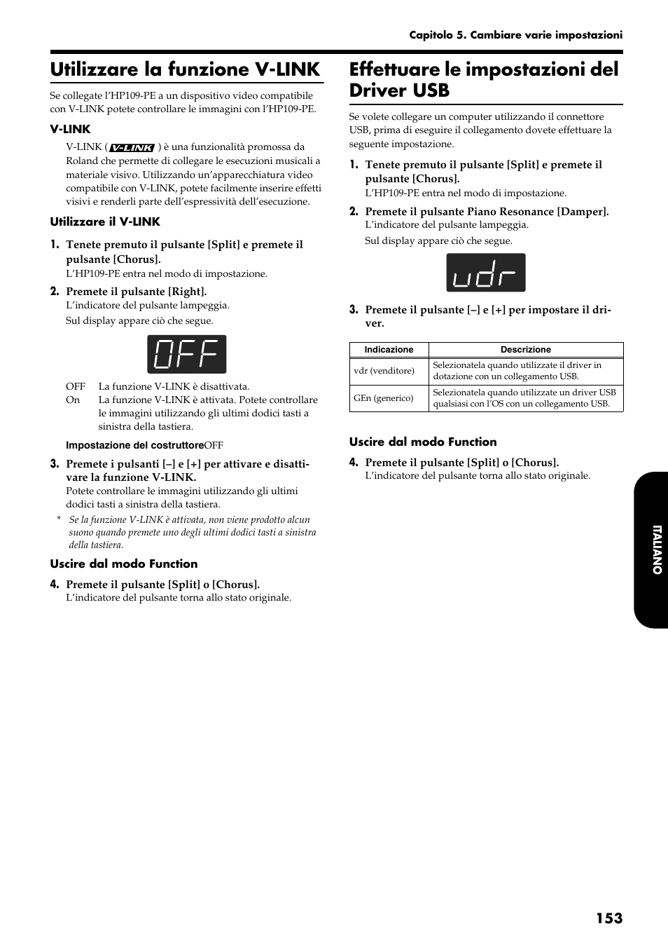 Utilizzare la funzione v-link, Effettuare le impostazioni del driver usb | Roland HP109-PE User Manual | Page 155 / 250