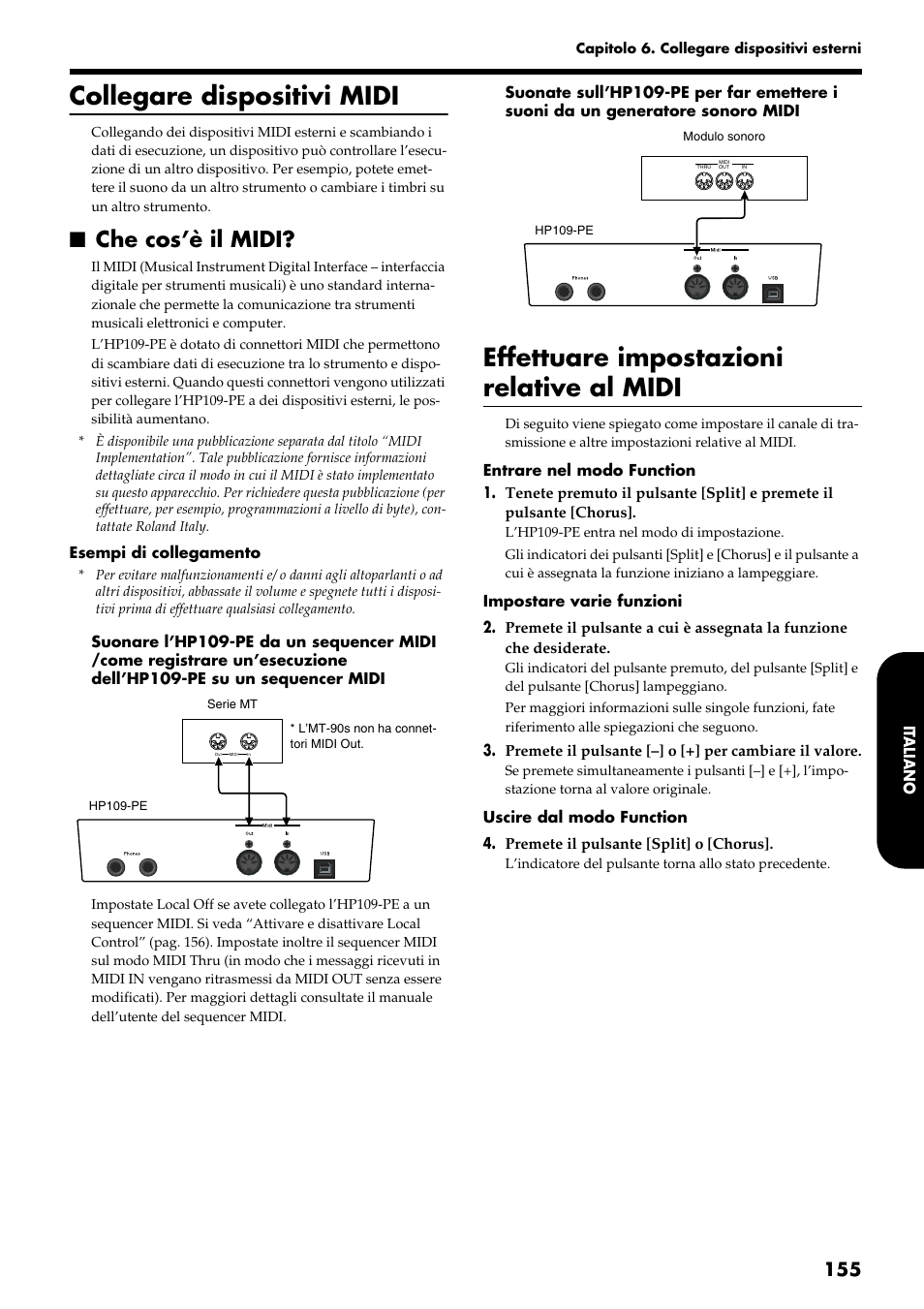 Collegare dispositivi midi, Effettuare impostazioni relative al midi, Che cos’è il midi | Roland HP109-PE User Manual | Page 157 / 250