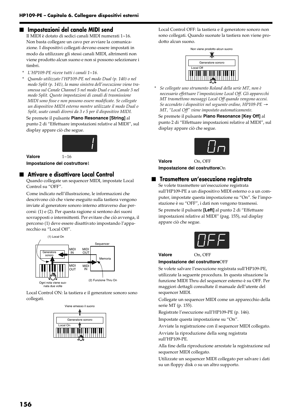156 ■ impostazioni del canale midi send, Attivare e disattivare local control, Trasmettere un’esecuzione registrata | Roland HP109-PE User Manual | Page 158 / 250