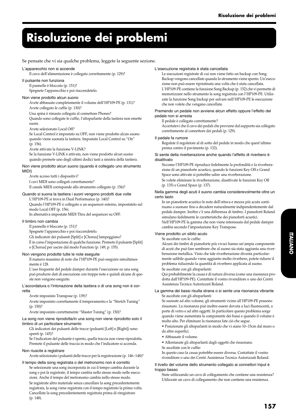 Risoluzione dei problemi | Roland HP109-PE User Manual | Page 159 / 250
