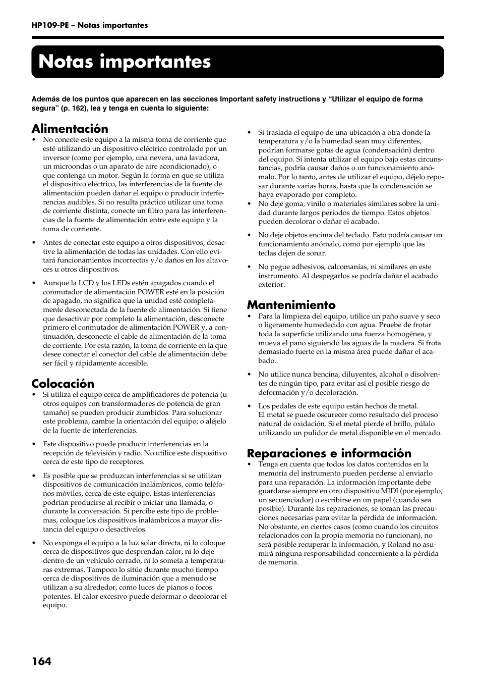 Notas importantes, Alimentación, Colocación | Mantenimiento, Reparaciones e información | Roland HP109-PE User Manual | Page 166 / 250