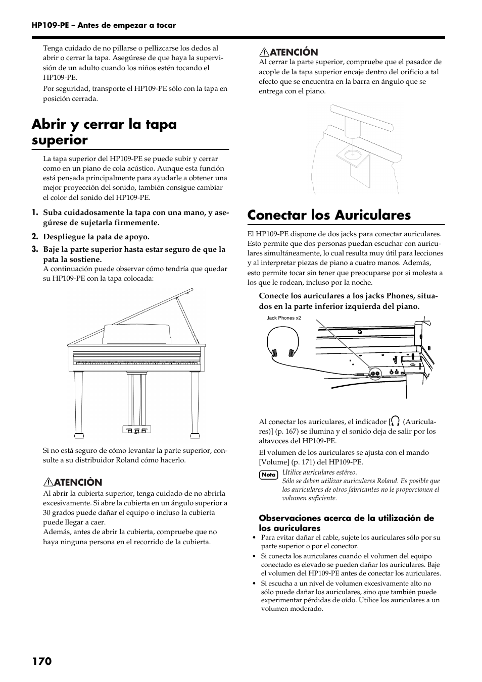 Abrir y cerrar la tapa superior, Conectar los auriculares | Roland HP109-PE User Manual | Page 172 / 250