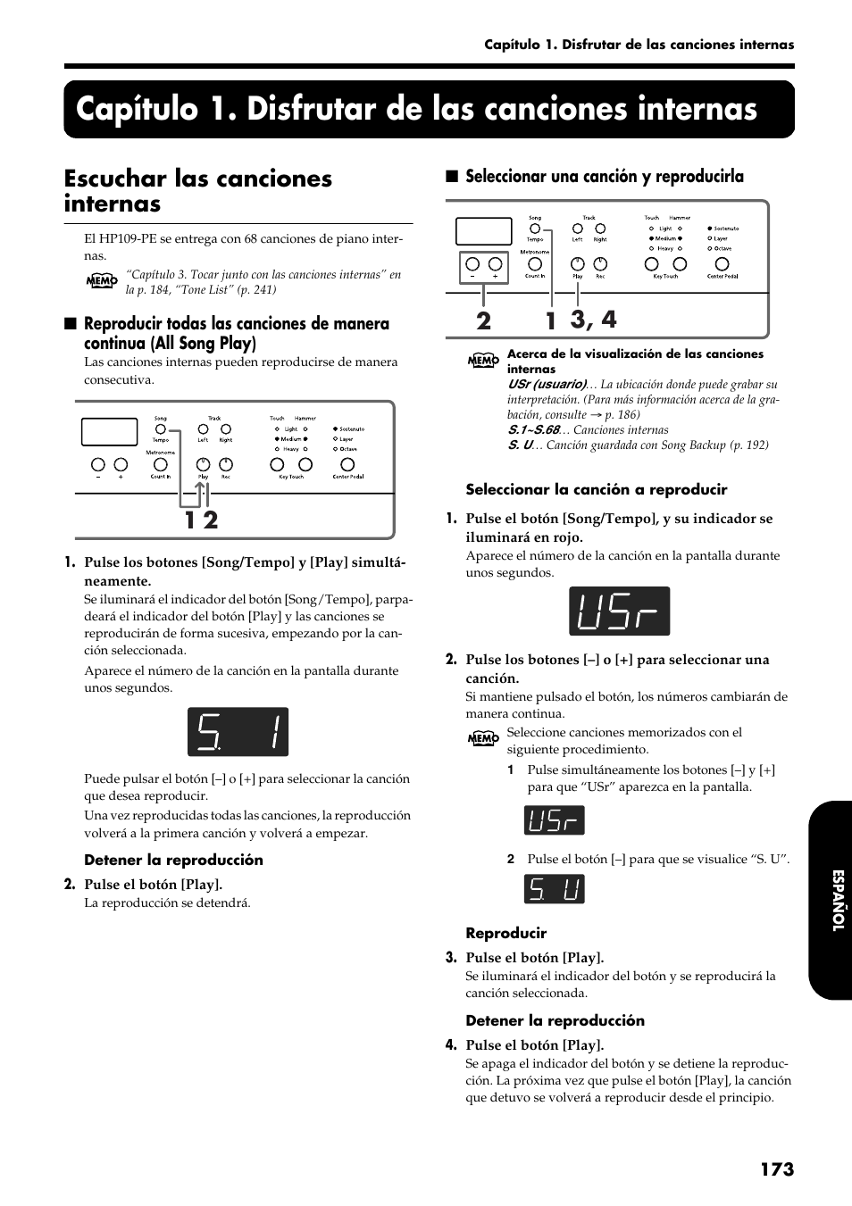Capítulo 1. disfrutar de las canciones internas, Escuchar las canciones internas | Roland HP109-PE User Manual | Page 175 / 250