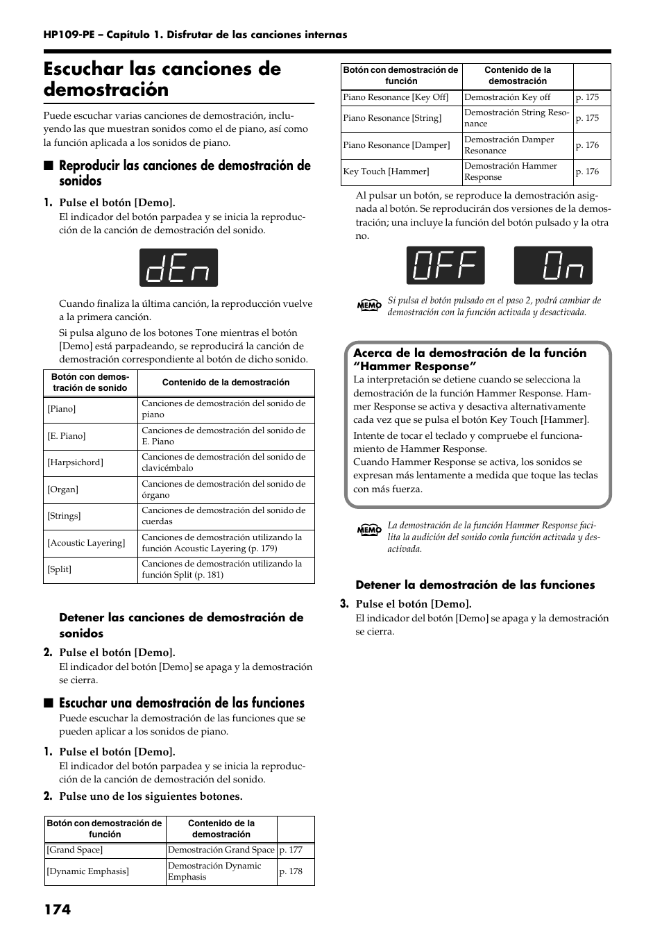 Escuchar las canciones de demostración, Escuchar una demostración de las funciones | Roland HP109-PE User Manual | Page 176 / 250